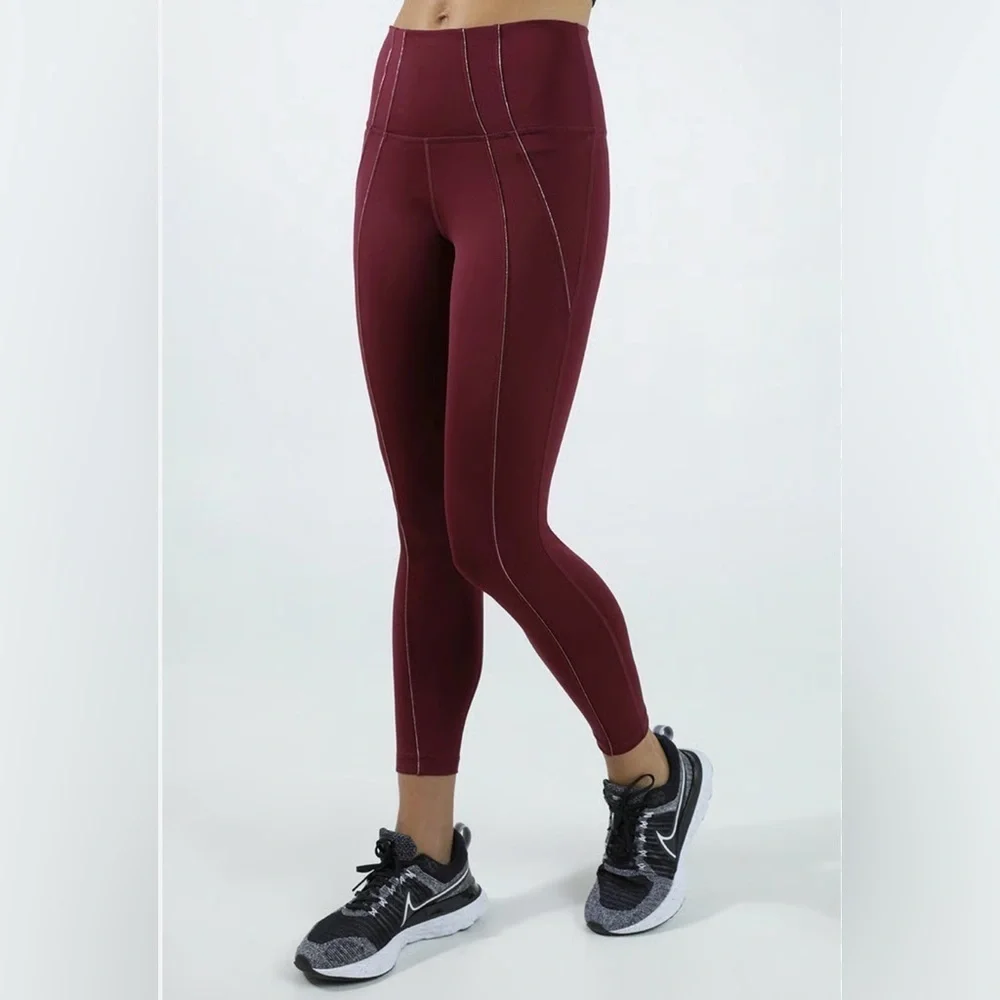 Nike Yoga Dri-Fit 7/8 Metallic Trim Women's Maroon High-Rise Leggings size Small